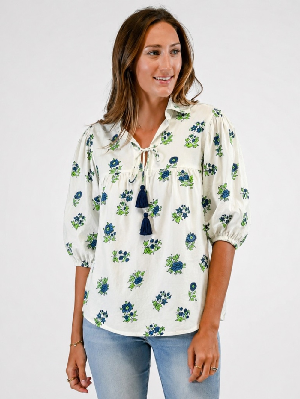 VICTORIA DUNN MIDDLETON COTTON POPLIN BLUE FLORAL BLOUSE
